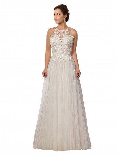 Illusion Halter Lace Boho Wedding Dress with Plunging Sweetheart Bodice Bristol