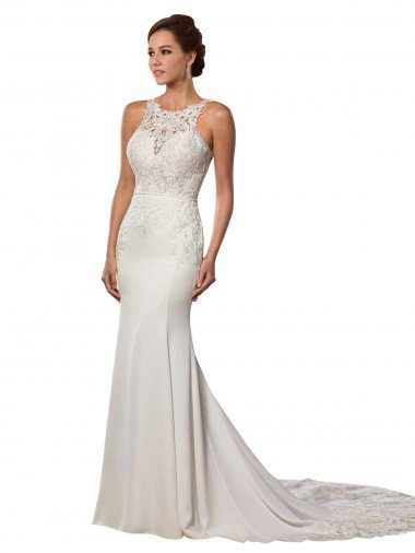 Modern Deep V-Neck Sheath Lace Wedding Dress with Open V-Back Bristol