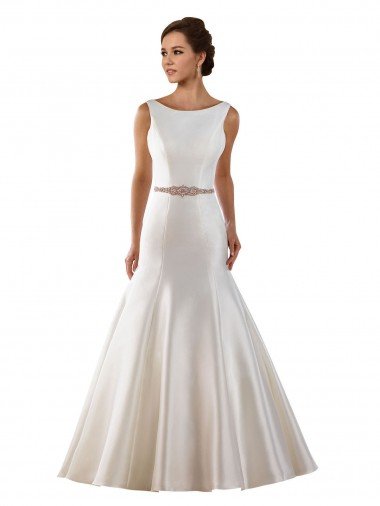 Modern Boat Neck Mermaid Satin Wedding Dress with Deep V-Back Bristol