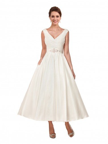 V-Neck A-Line Short Ankle Length Satin Wedding Dress Bristol