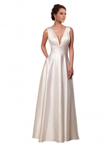 Deep V-Neck A-Line Satin Wedding Dress with Pockets Bristol