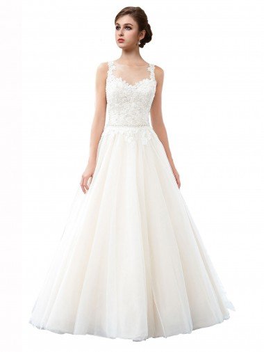 Illusion Neck A-Line Tulle Beach Wedding Dress with Lace Bodice Bristol