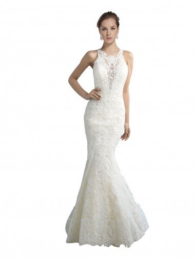Deep Illusion Neck Mermaid Tulle Beach Wedding Dress with All Over Lace Bristol