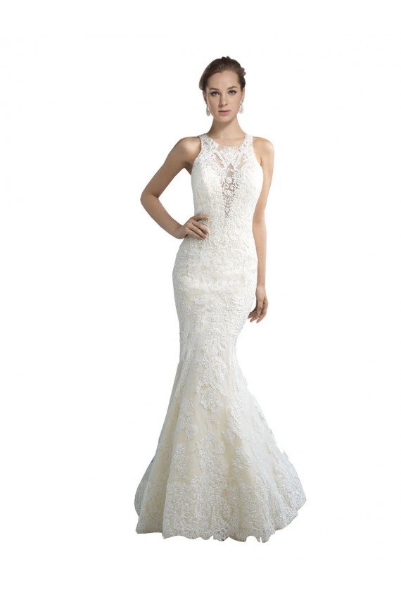 Deep Illusion Neck Mermaid Tulle Beach Wedding Dress with All Over Lace Bristol