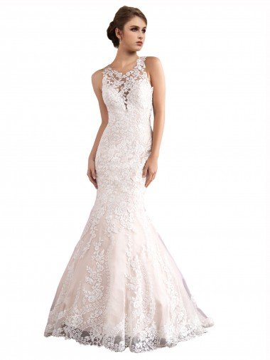 Illusion Neck Fit and Flare Tulle Wedding Dress with All Over Lace Bristol