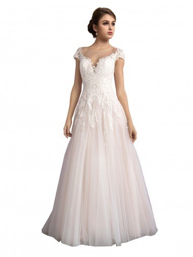 Illusion Cap Sleeves A-Line Tulle Beach Wedding Dress with Lace Bodice Bristol