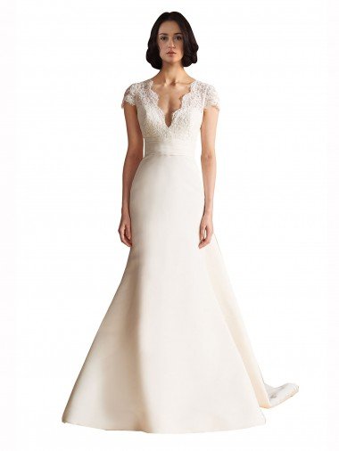 V-Neck Lace Bodice A-Line Satin Wedding Dress with Keyhole Back Bristol
