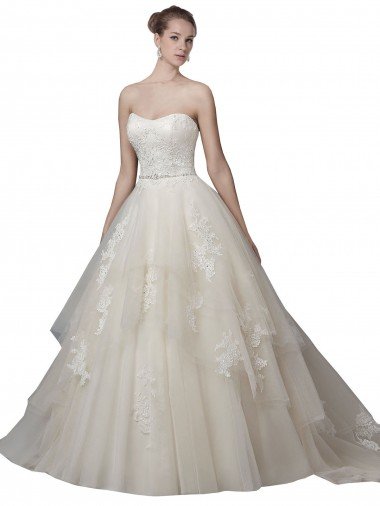 Strapless Ball Gown Tulle Wedding Dress with Lace Appliques Bristol
