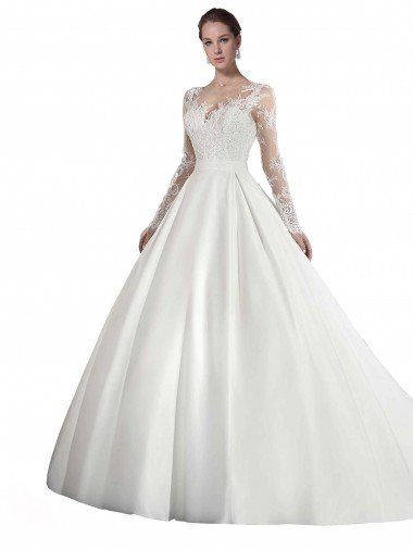 Long Sleeves Illusion Neck A-Line Satin Wedding Dress with Lace Bodice Bristol