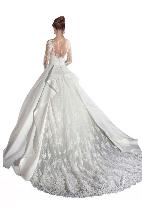 Long Sleeves Illusion Neck A-Line Satin Wedding Dress with Lace Bodice Bristol