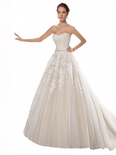 Strapless Ball Gown Tulle Wedding Dress with Lace Cascades Bristol