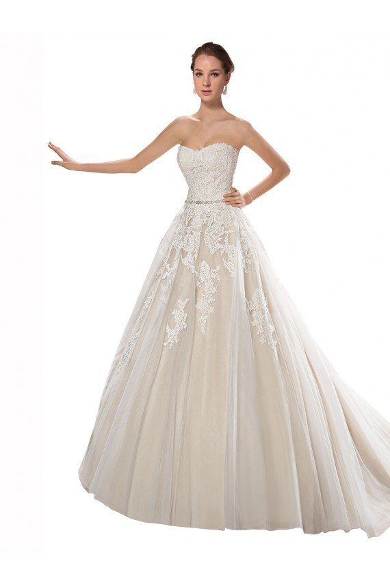Strapless Ball Gown Tulle Wedding Dress with Lace Cascades Bristol