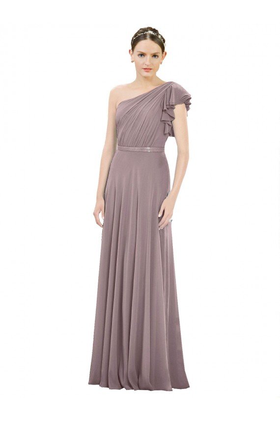 Full Length One Shoulder Chiffon Bridesmaid Dress with Shoulder Ruffle Bristol