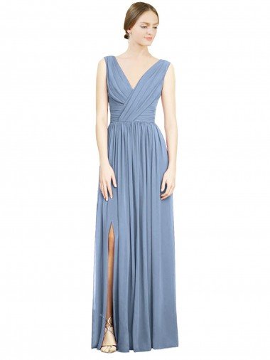 Sleeveless Draped Chiffon Maxi Bridesmaid Dress with Front Slit Bristol