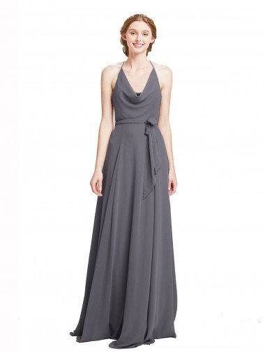 Spaghetti Strap Long Chiffon Bridesmaids Dress with Halter Cowl Neck Bristol