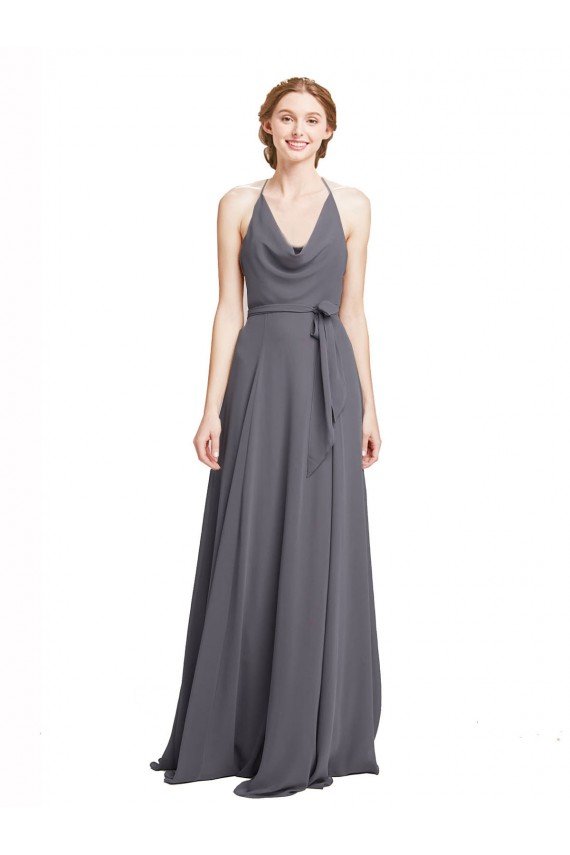 Spaghetti Strap Long Chiffon Bridesmaids Dress with Halter Cowl Neck Bristol