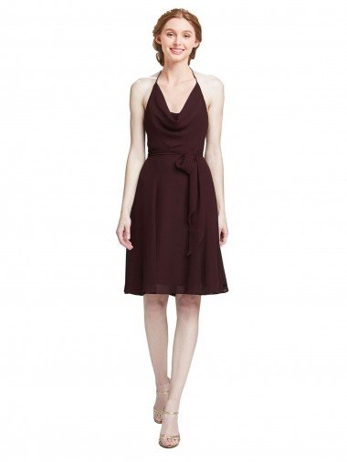 Short Knee Length Chiffon Bridesmaids Dress with Halter Cowl Neck Bristol