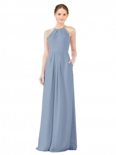 Fitted Long High Halter Neck Chiffon Bridesmaid Dress with Keyhole Back Bristol