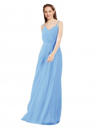 Pleated Low Back Long V-Neck Chiffon Bridesmaid Dress with Thin Straps Bristol