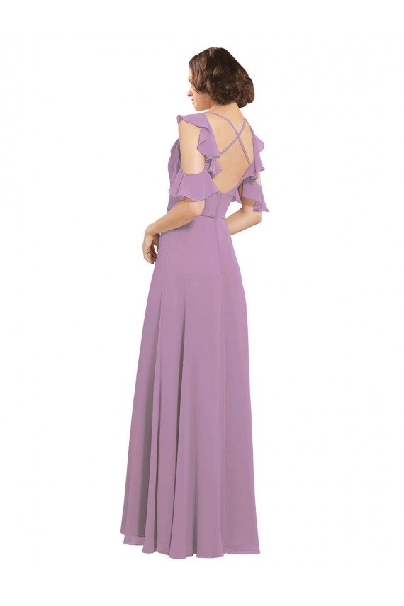 Long Chiffon Bridesmaids Dress with Flounced Sleeve Detail and Criss Cross Back Bristol