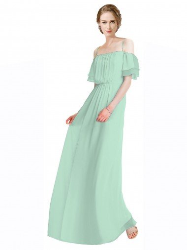 Spaghetti Straps Long Chiffon Off-The-Shoulder Bridesmaid Dress with Double Flounce Sleeves Bristol