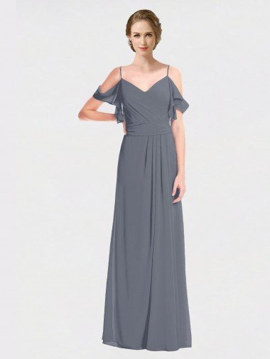 Long Chiffon Spaghetti Strap V-Neck Bridesmaid Dress with Off-The-Shoulder Flutter Sleeves Bristol