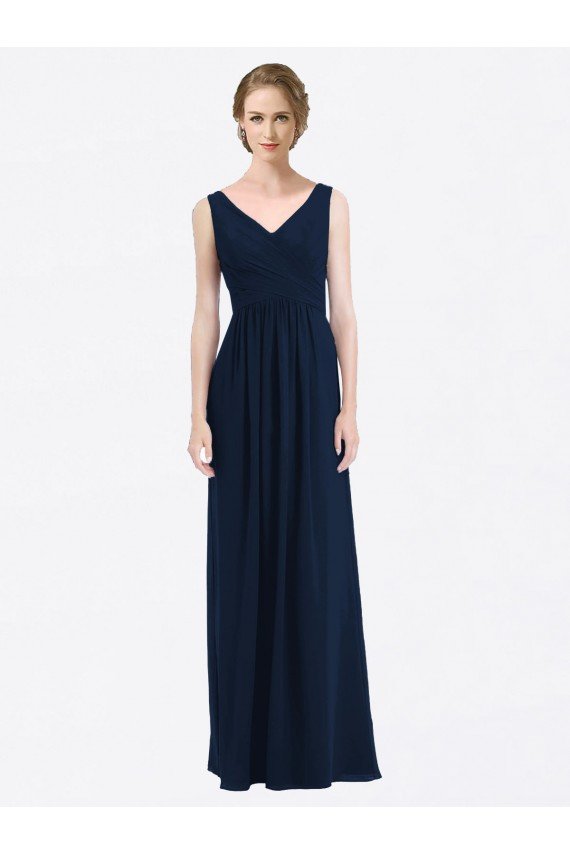 Long Chiffon V-Neck Sleeveless Bridesmaid Dress with Criss-Cross Pleated Bodice Bristol