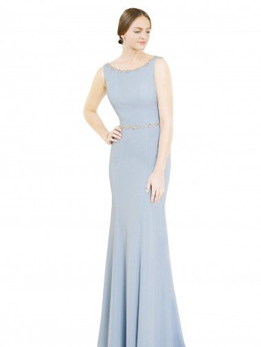 Full Length Chiffon Bridesmaid Dress with Sparkly Neckline and Belt Bristol