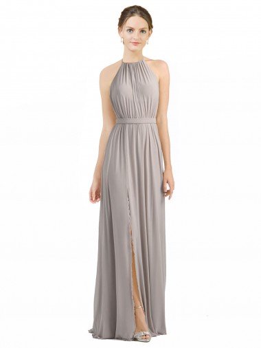 Backless Halter Chiffon Bridesmaid Dress with Front Slit and Tie Open Back Bristol