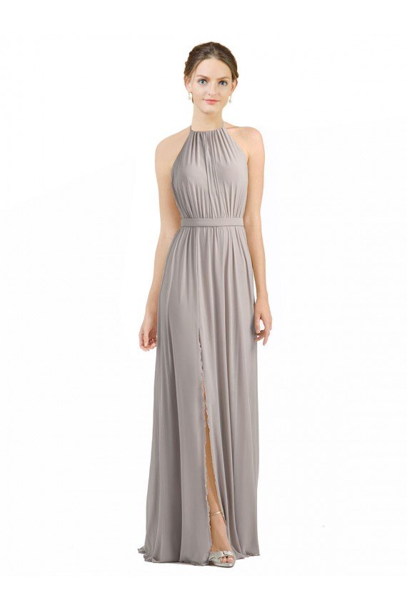 Backless Halter Chiffon Bridesmaid Dress with Front Slit and Tie Open Back Bristol
