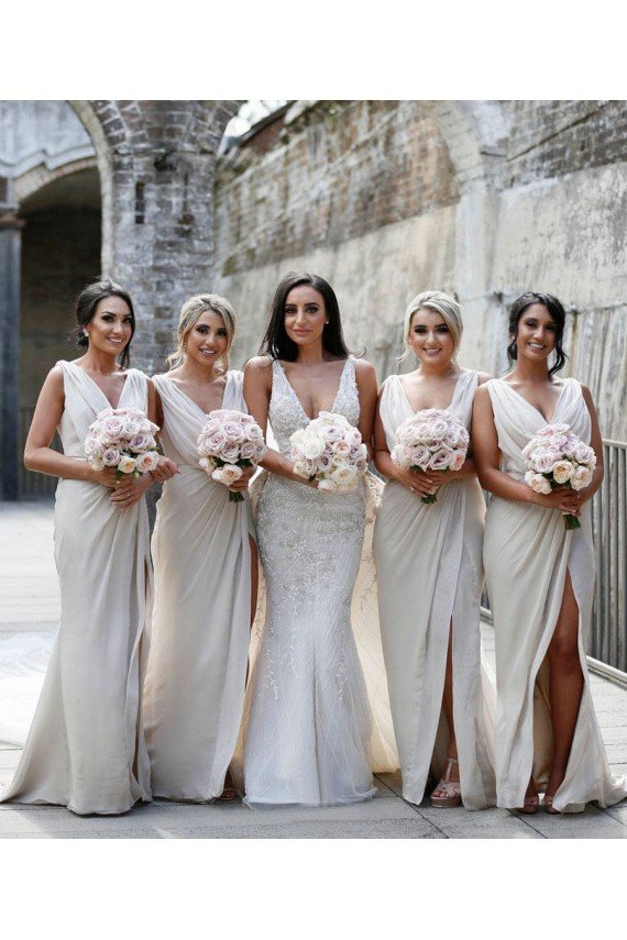 Chiffon Long Champagne Evening Dress with Sexy High Slit and Front Ruffles Bristol
