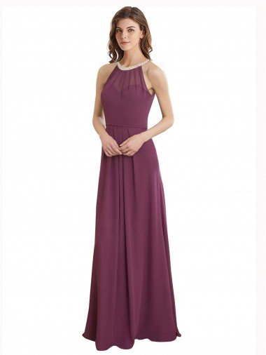 High Neckline Long Chiffon Bridesmaid Dress with Beaded Trim Bristol