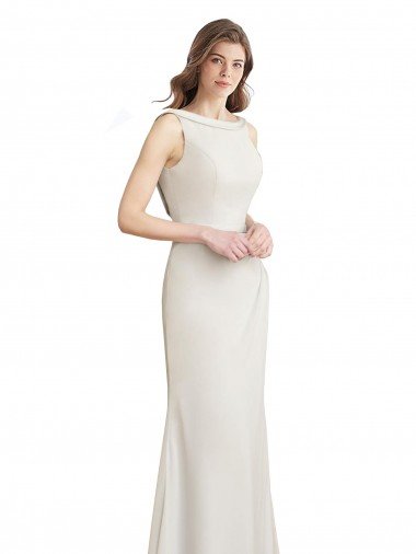 Long Chiffon Bridesmaid Dress with Boat Neckline and Satin Collar Bristol