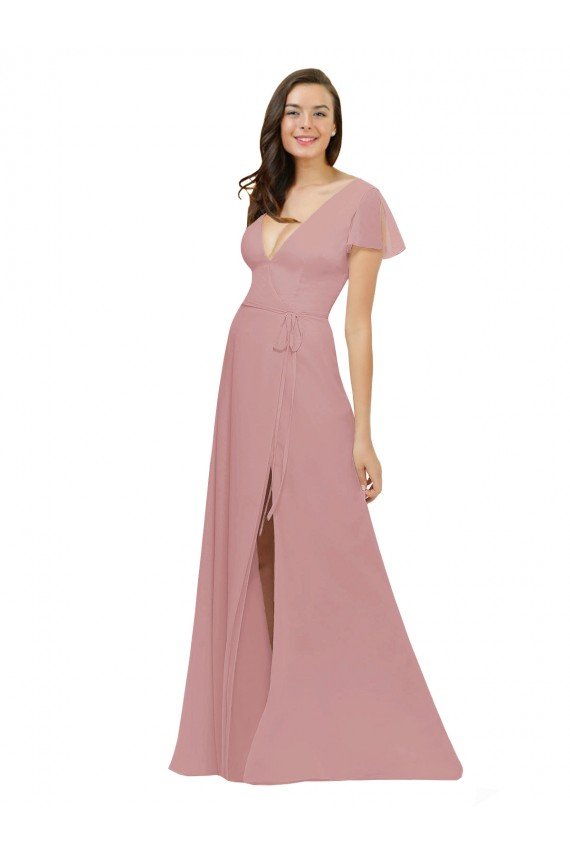 Flutter Sleeves Short Chiffon Bridesmaid Dress with Tie Belt Bristol