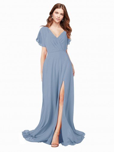 Chiffon Bridesmaid Dress / Prom Dress with Flutter Sleeves and Front Slit Bristol