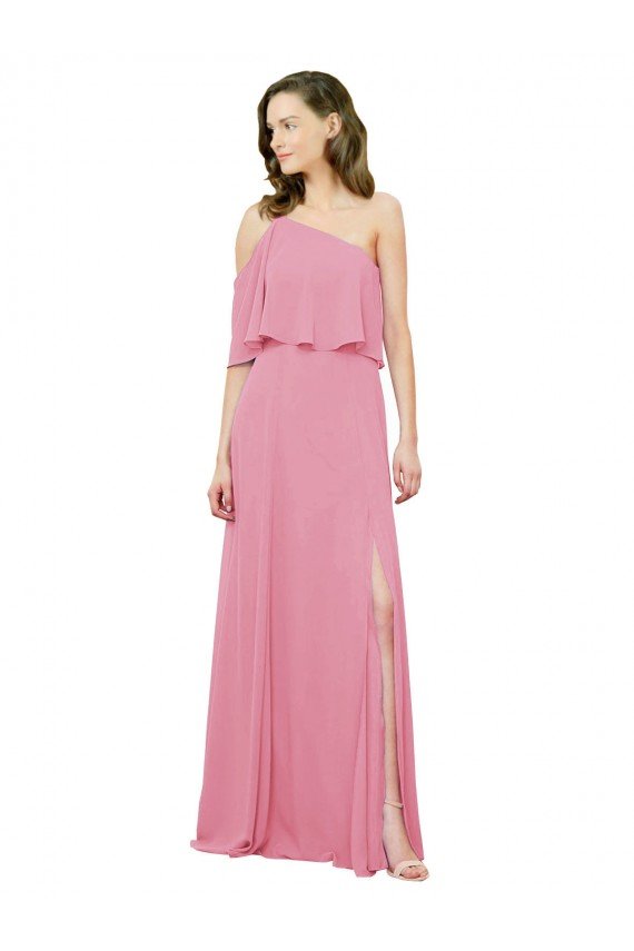 Sleeved One Shoulder Chiffon Bridesmaids Dress with Draped Ruffle Overlay Bristol