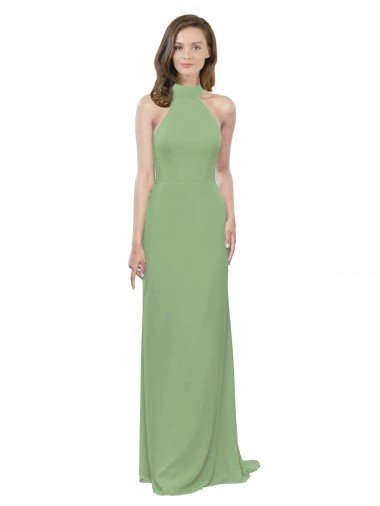 High Collar Halter Neck Chiffon Bridesmaid Dress with Long Back Tie Bristol