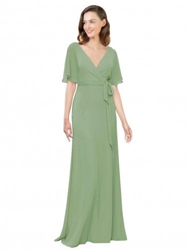 Chiffon V-Neckline Wrap Bridesmaids Dress With Double Flutter Sleeve Bristol