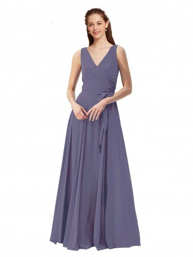 V-Neck Long Draped A-Line Chiffon Bridesmaid Dress Bristol