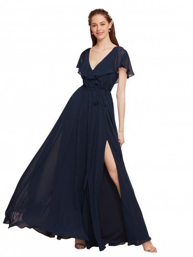Long V-Neck Chiffon Bridesmaid Dress with Slit and V-Back Bristol