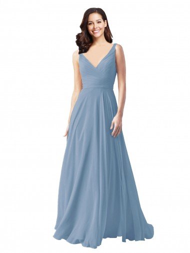 Long Chiffon V-Neck and Self Sash Bridesmaid Dress with Shirred Criss Cross Bodice Bristol