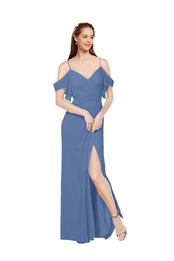Mock-Wrap Off the Shoulder Long Chiffon Bridesmaid Dress with Side Slit Bristol