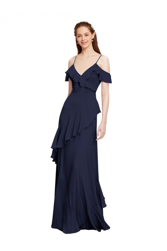 Cascading Ruffles Long Chiffon Bridesmaid Dress with Cold Shoulder Bristol