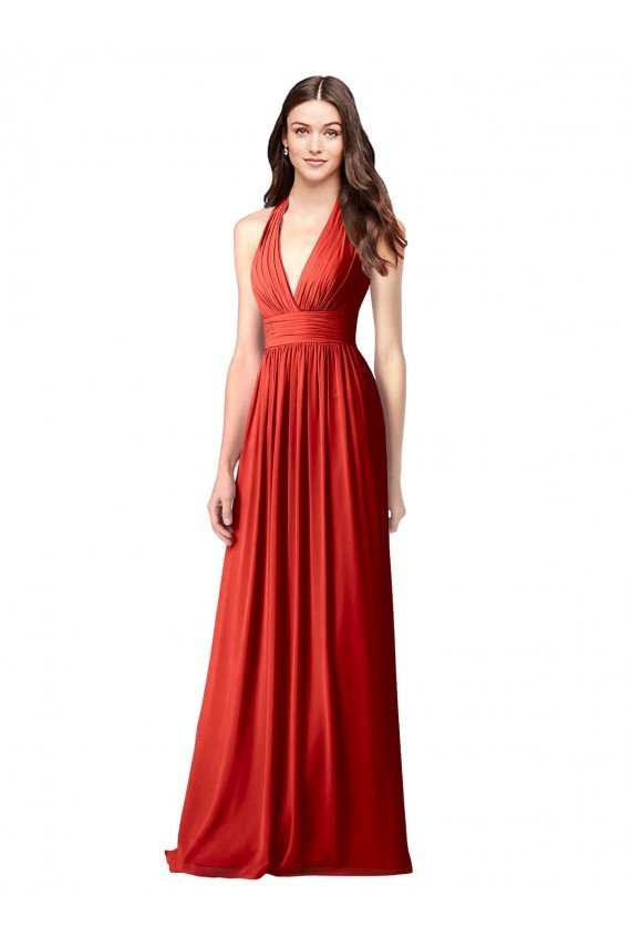 Halter V-Neck A-Line Chiffon Bridesmaid Dress with Shirred Skirt Bristol
