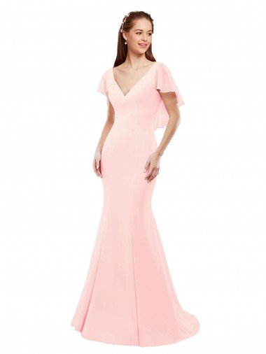 Fit and Flare Chiffon Bridesmaid Dress with V-Neck and Flutter Sleeves Bristol