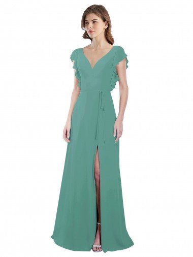 Full Length Chiffon Bridesmaid Dress with Ruffled Cap Sleeves and Side Slit Bristol