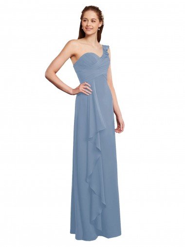 Single Shoulder Strap Long Chiffon Bridesmaid Dress with Cascading Ruffles Bristol