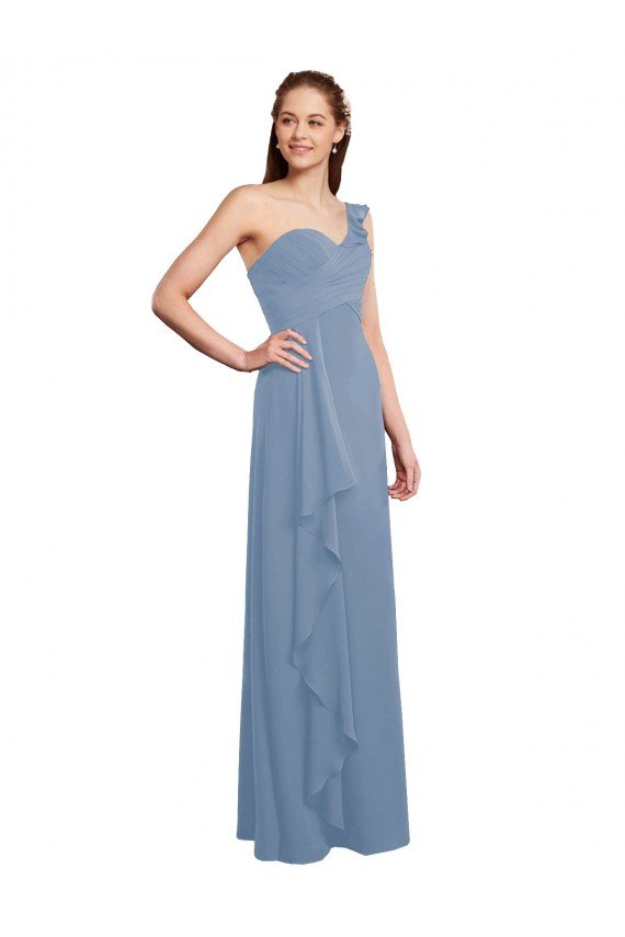 Single Shoulder Strap Long Chiffon Bridesmaid Dress with Cascading Ruffles Bristol