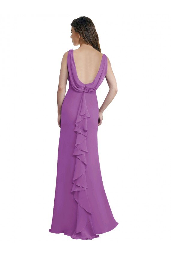 V-Shaped Neckline Long Chiffon Bridesmaid Dress with Cascading Ruffles Back Bristol