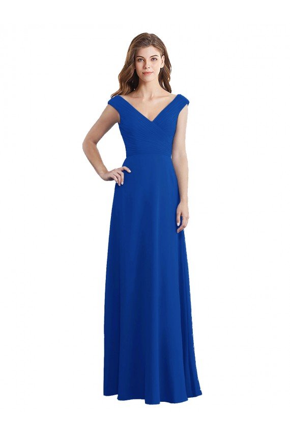 Draped Shoulder V-Neck Long Chiffon Bridesmaid Dress Bristol
